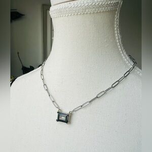 Silver Plated Flat Paperclip Chain with Black Diamond Glass Crystal Rectangular